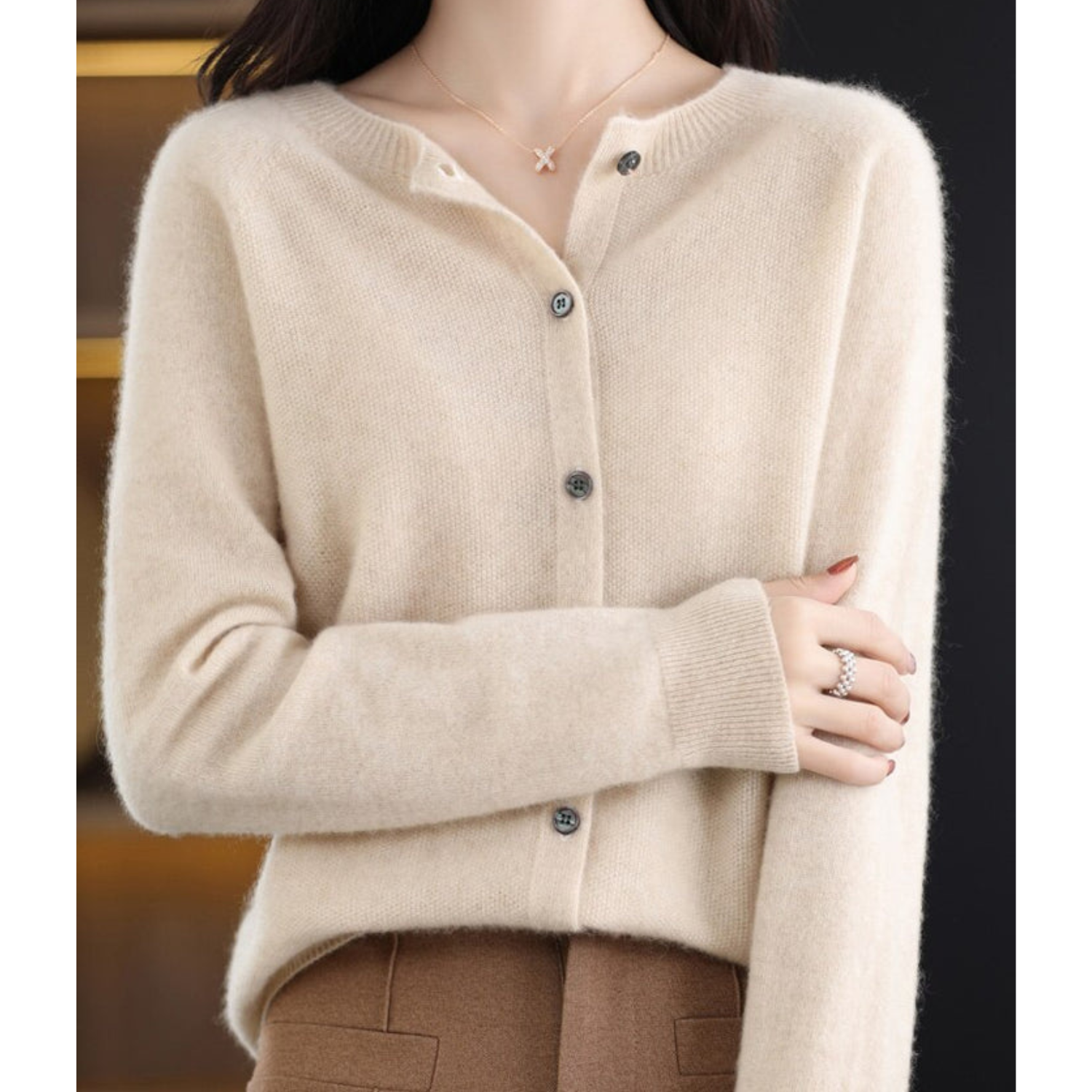 Women's Soft Knit Cardigan with Round Neck and Button Closure