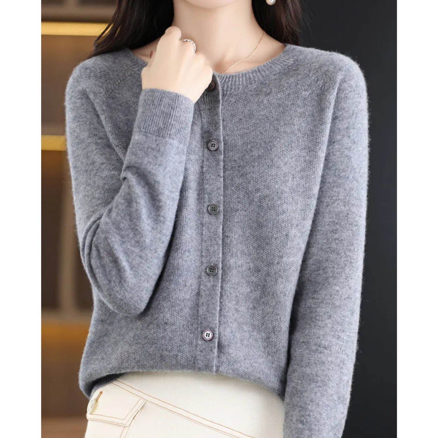 Women's Soft Knit Cardigan with Round Neck and Button Closure