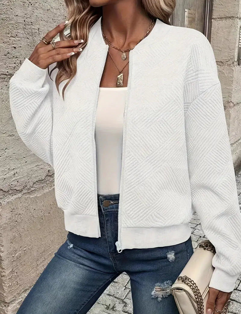 Women’s Zip-Up Textured Cardigan with Ribbed Hem and Long Sleeves