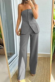 Women’s 2-Piece Set With Strapless Buttoned Top And Wide-Leg Pants