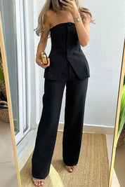 Women’s 2-Piece Set With Strapless Buttoned Top And Wide-Leg Pants