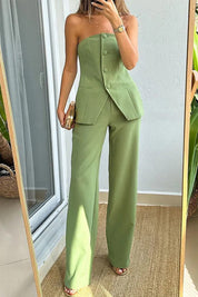 Women’s 2-Piece Set With Strapless Buttoned Top And Wide-Leg Pants