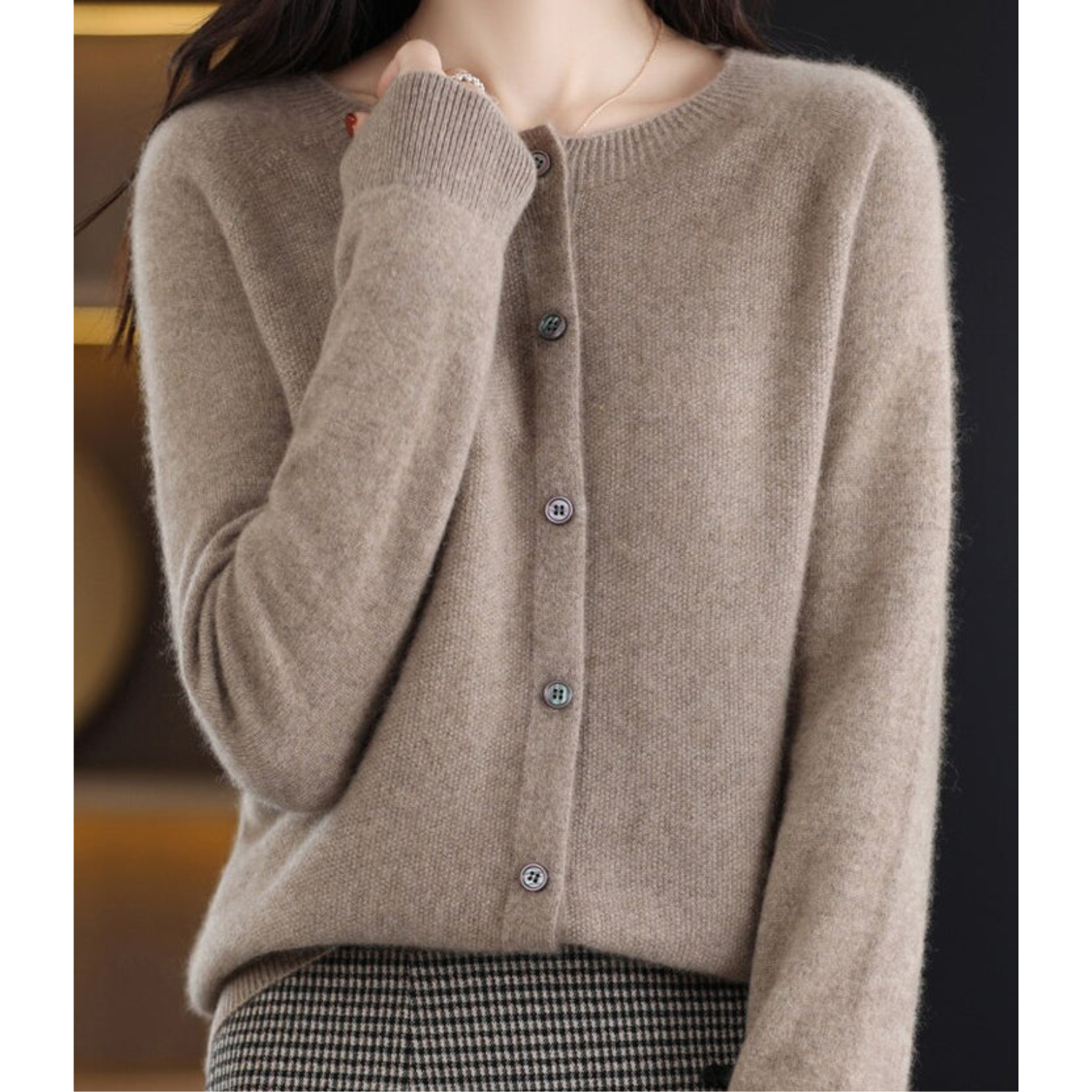 Women's Soft Knit Cardigan with Round Neck and Button Closure