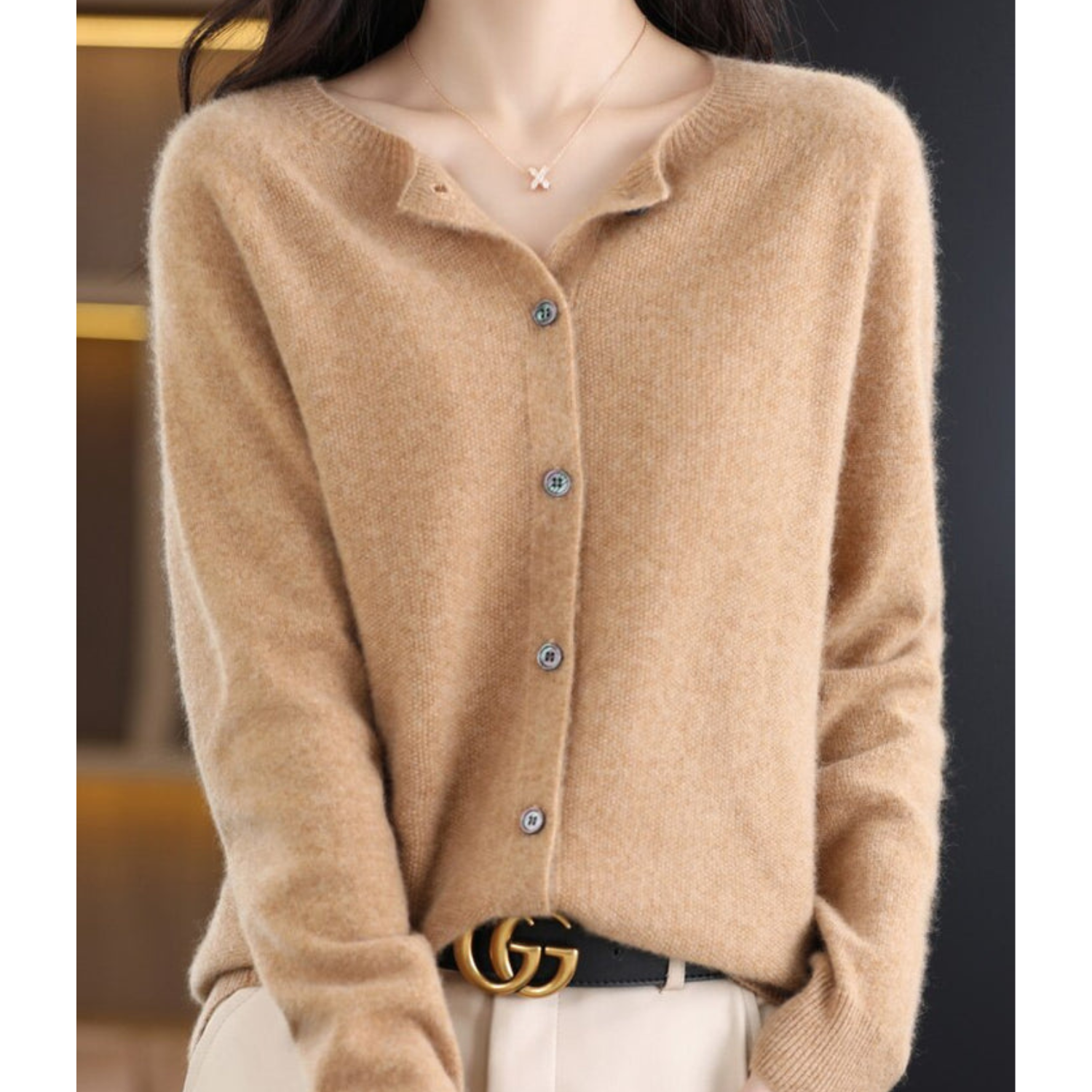 Women's Soft Knit Cardigan with Round Neck and Button Closure