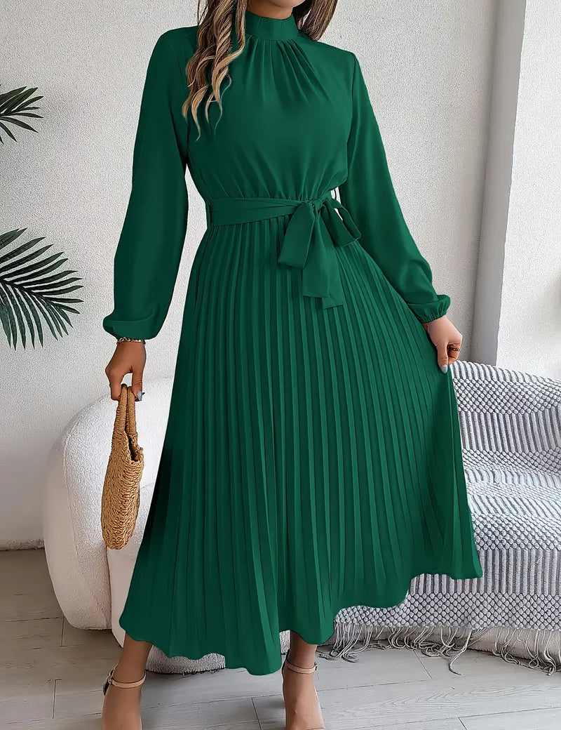 Women’s Long-Sleeve Pleated Midi Dress With Belted Waist