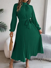 Women’s Long-Sleeve Pleated Midi Dress With Belted Waist
