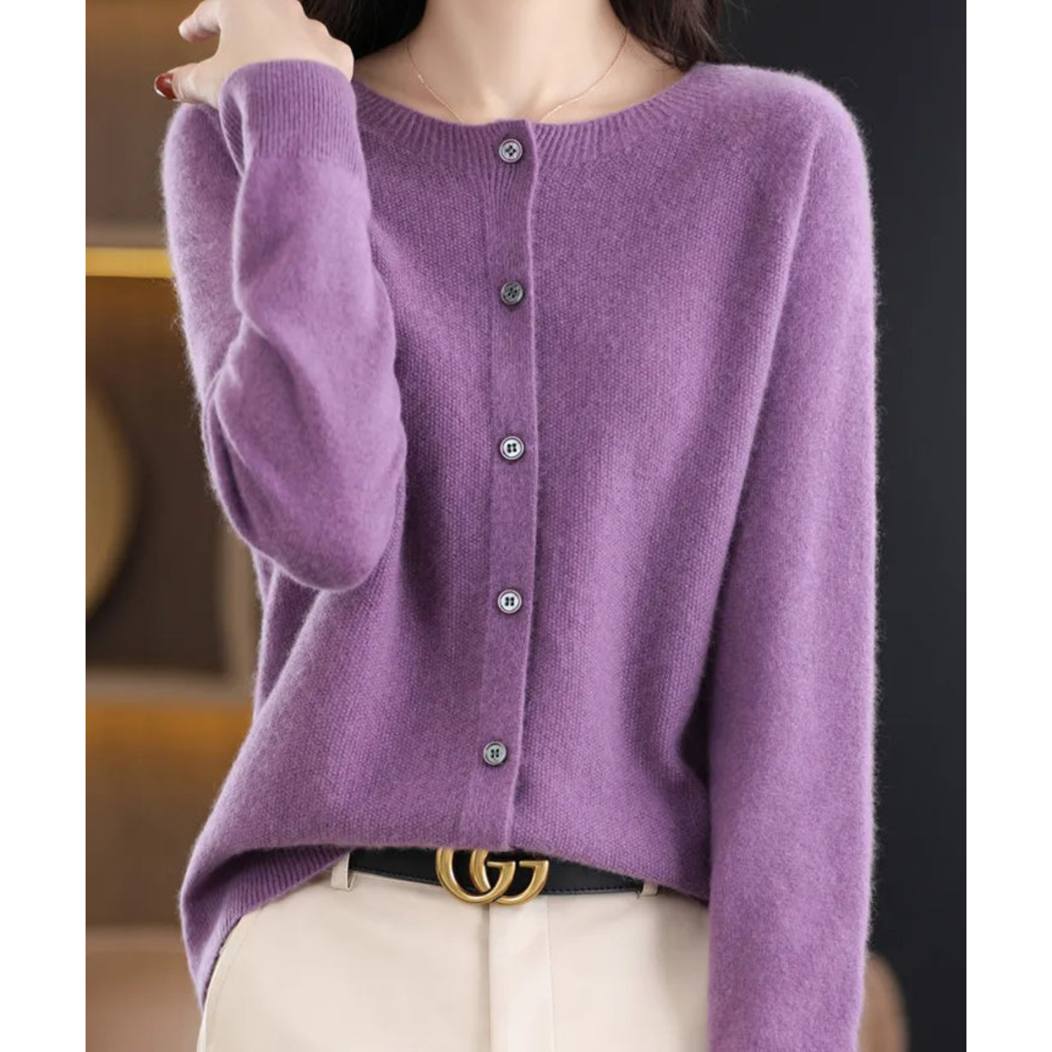 Women's Soft Knit Cardigan with Round Neck and Button Closure