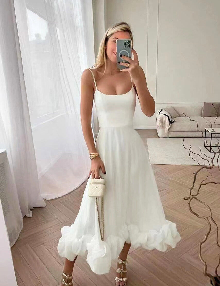 Women's Spaghetti Strap Maxi Dress with Flared Skirt and Ruffle Hem