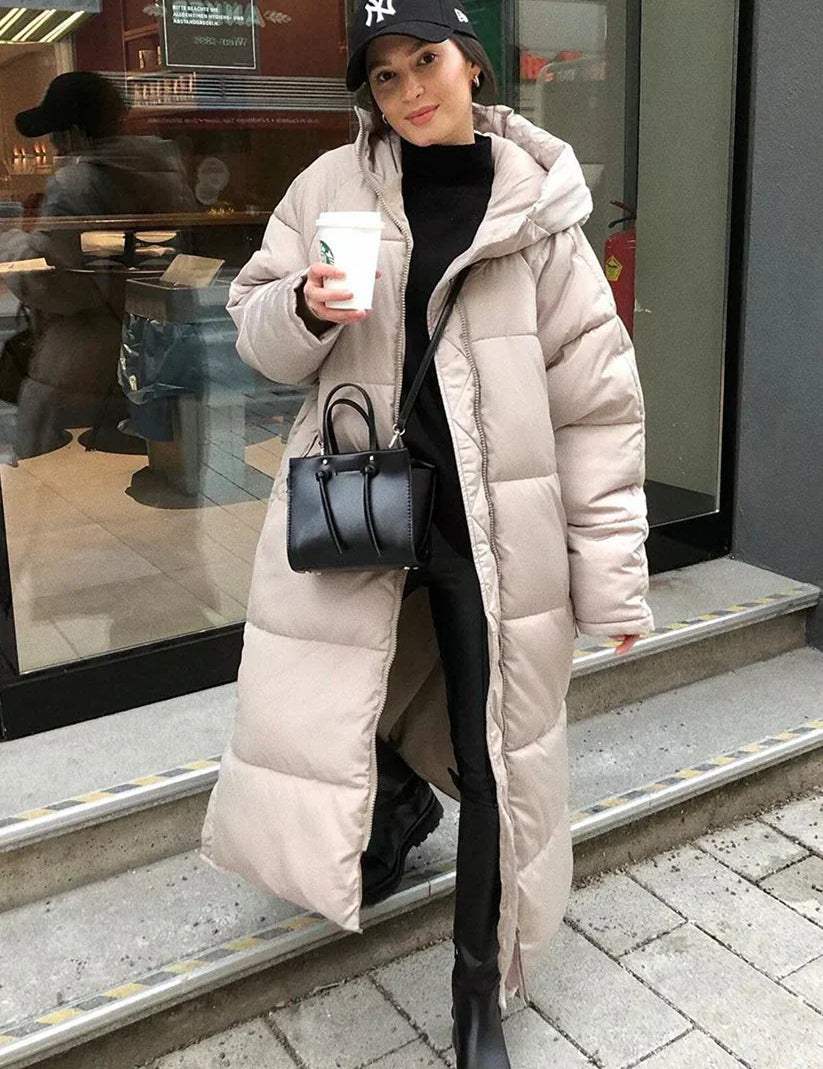 Women's Long Quilted Puffer Coat with High Neck and Hood