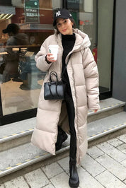 Women's Long Quilted Puffer Coat with High Neck and Hood