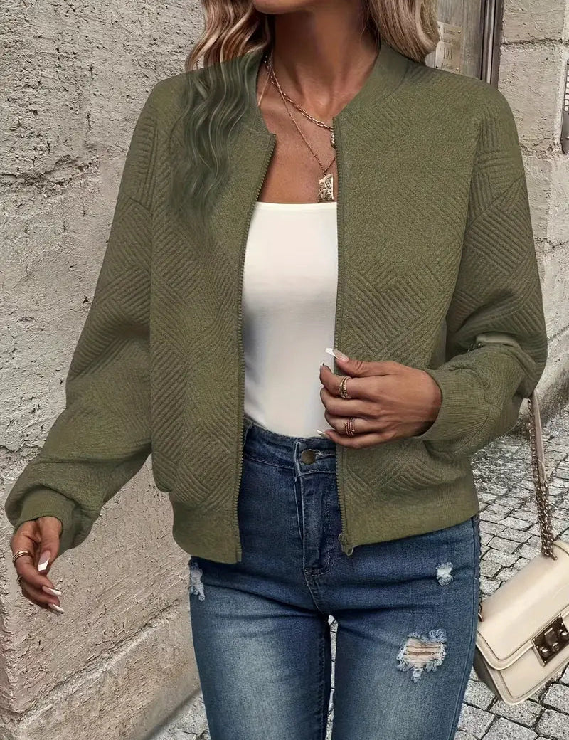 Women’s Zip-Up Textured Cardigan with Ribbed Hem and Long Sleeves