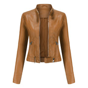 Women's Leather Jacket with Zip Closure High Collar and Belt