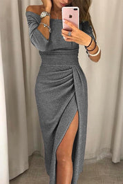 Women’s Off-Shoulder Midi Dress With Ruched Side Detail And Front Slit