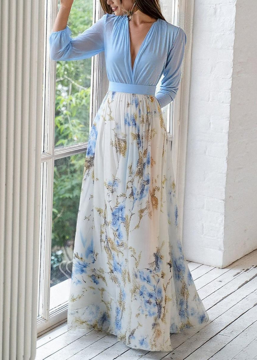 Women’s Long-Sleeve Maxi Dress With Deep V-Neck And Printed Skirt