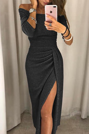 Women’s Off-Shoulder Midi Dress With Ruched Side Detail And Front Slit