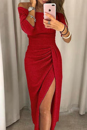 Women’s Off-Shoulder Midi Dress With Ruched Side Detail And Front Slit