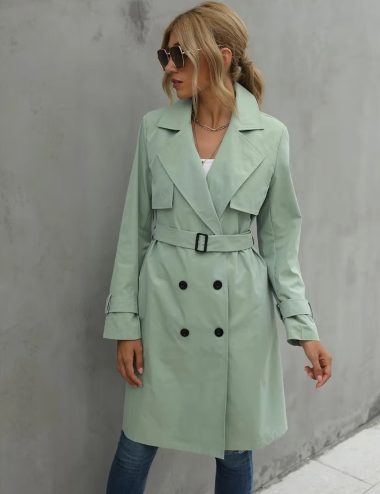 Women's Classic Trench Coat with Double Breasted Button Front