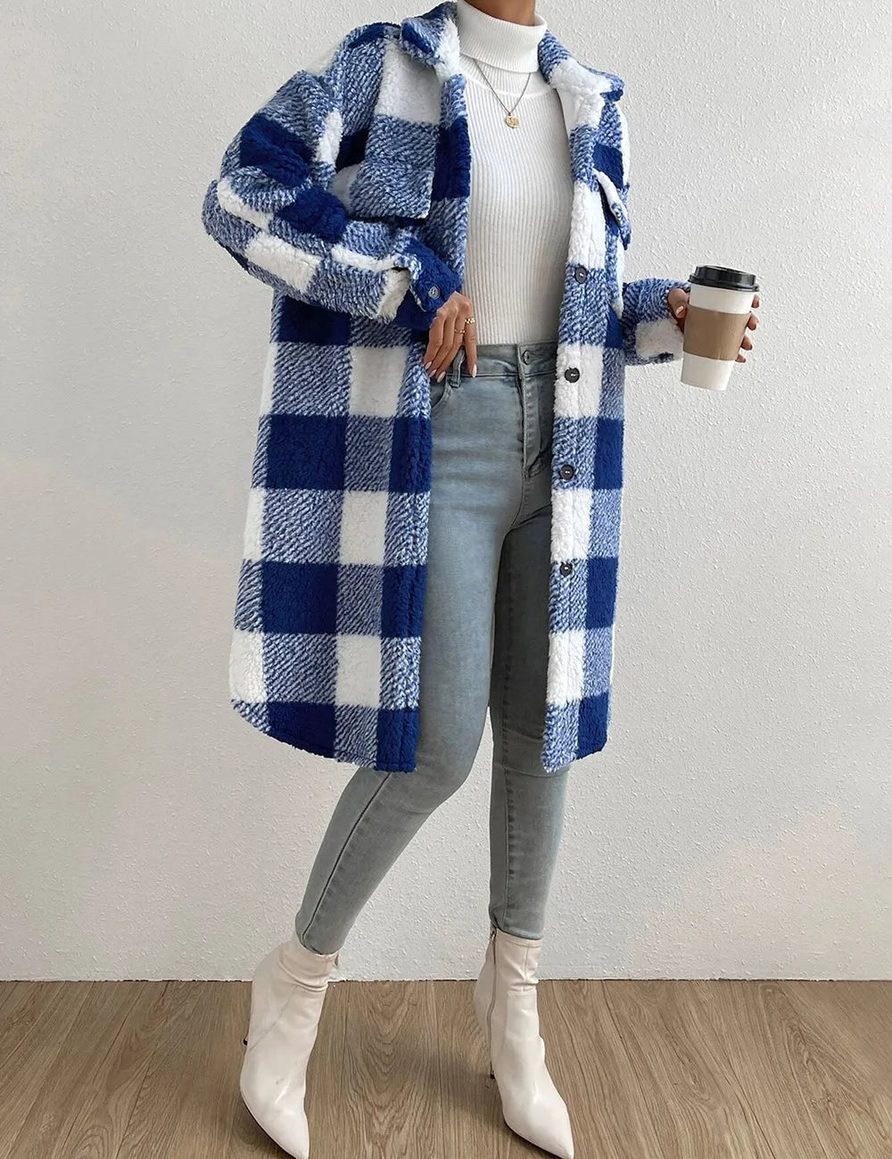 Women's Long Plaid Teddy Fleece Coat with Button Front and Pockets