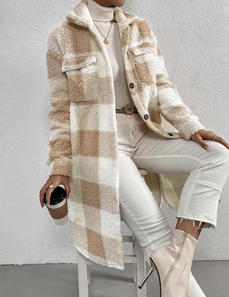 Women's Long Plaid Teddy Fleece Coat with Button Front and Pockets