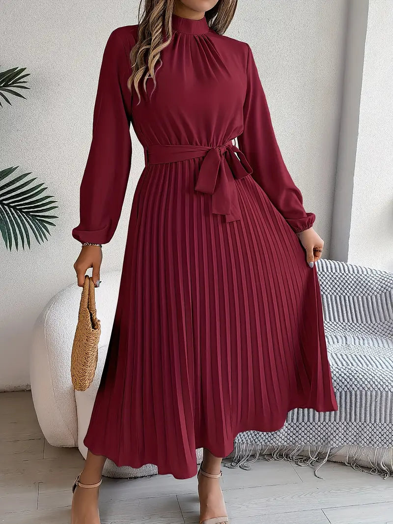 Women’s Long-Sleeve Pleated Midi Dress With Belted Waist