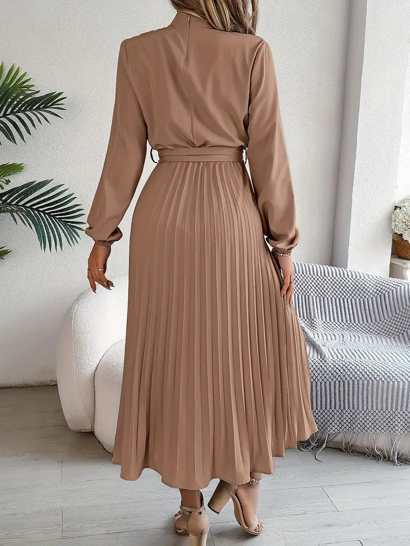 Women’s Long-Sleeve Pleated Midi Dress With Belted Waist