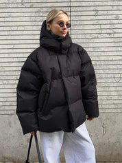 Women's Oversized High Collar Puffer Jacket with Quilted Design