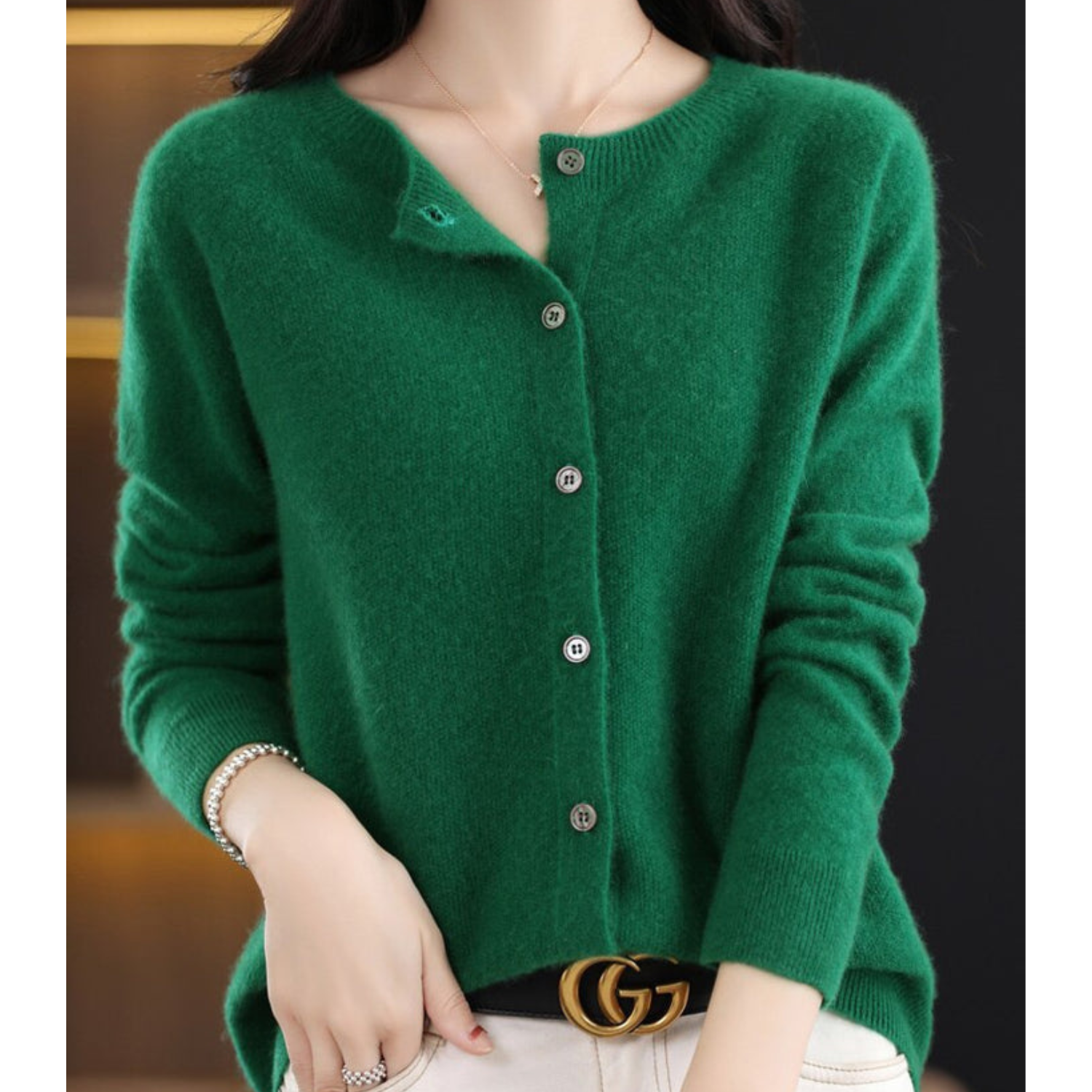 Women's Soft Knit Cardigan with Round Neck and Button Closure