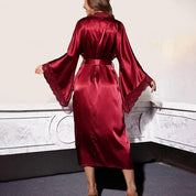 Women's Long Lace Kimono Dressing Gown with Belted Waist and Wide Sleeves
