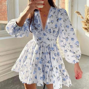 Women’s Floral Mini Dress With Long Puff Sleeves And V-Neckline