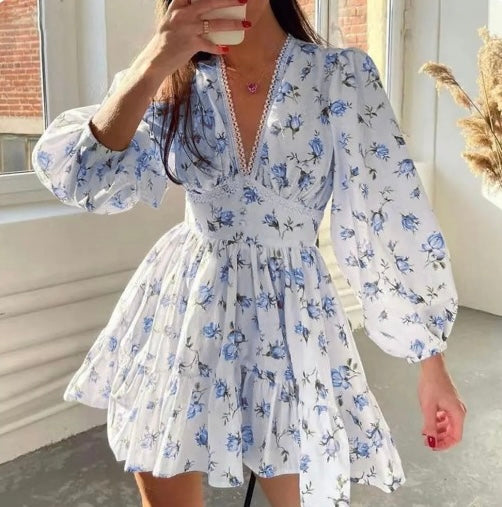 Women’s Floral Mini Dress With Long Puff Sleeves And V-Neckline