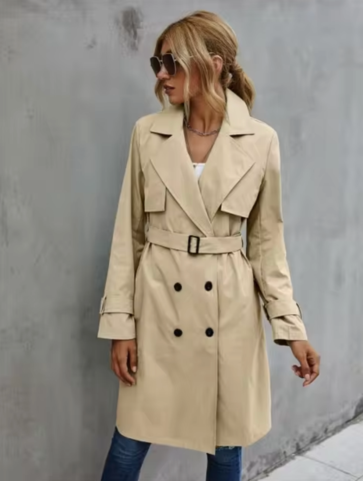 Women's Classic Trench Coat with Double Breasted Button Front