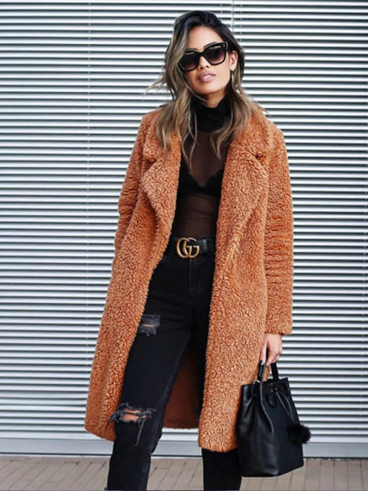 Women's Long Oversized Winter Teddy Coat with Lapel Collar