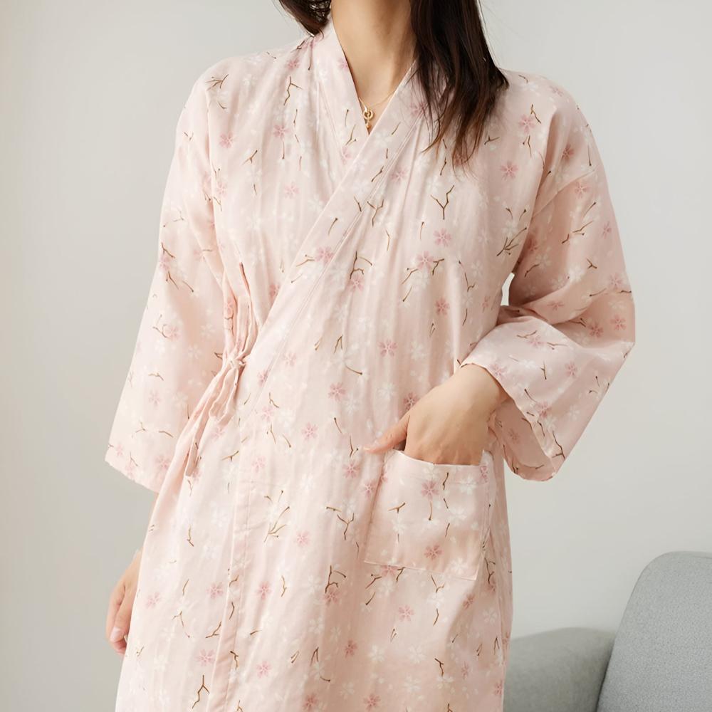 Women's Floral Kimono Dressing Gown with Belted Waist and Pockets