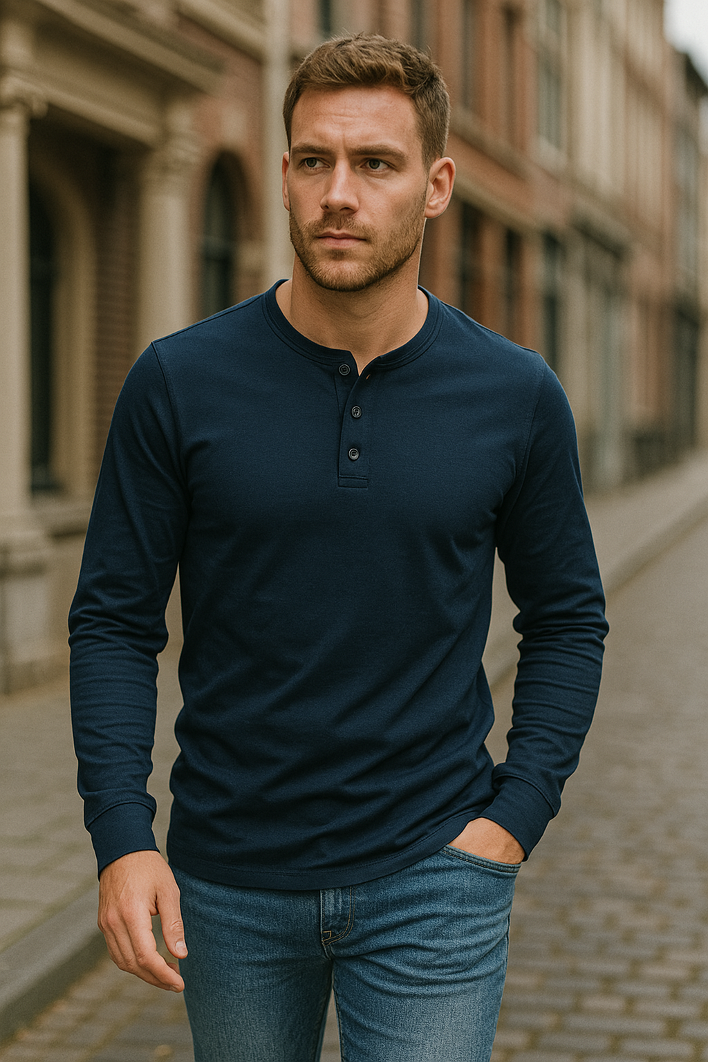 Men's Classic Long Sleeve Henley Shirt with Three Button Placket