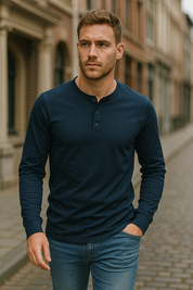 Men's Classic Long Sleeve Henley Shirt with Three Button Placket