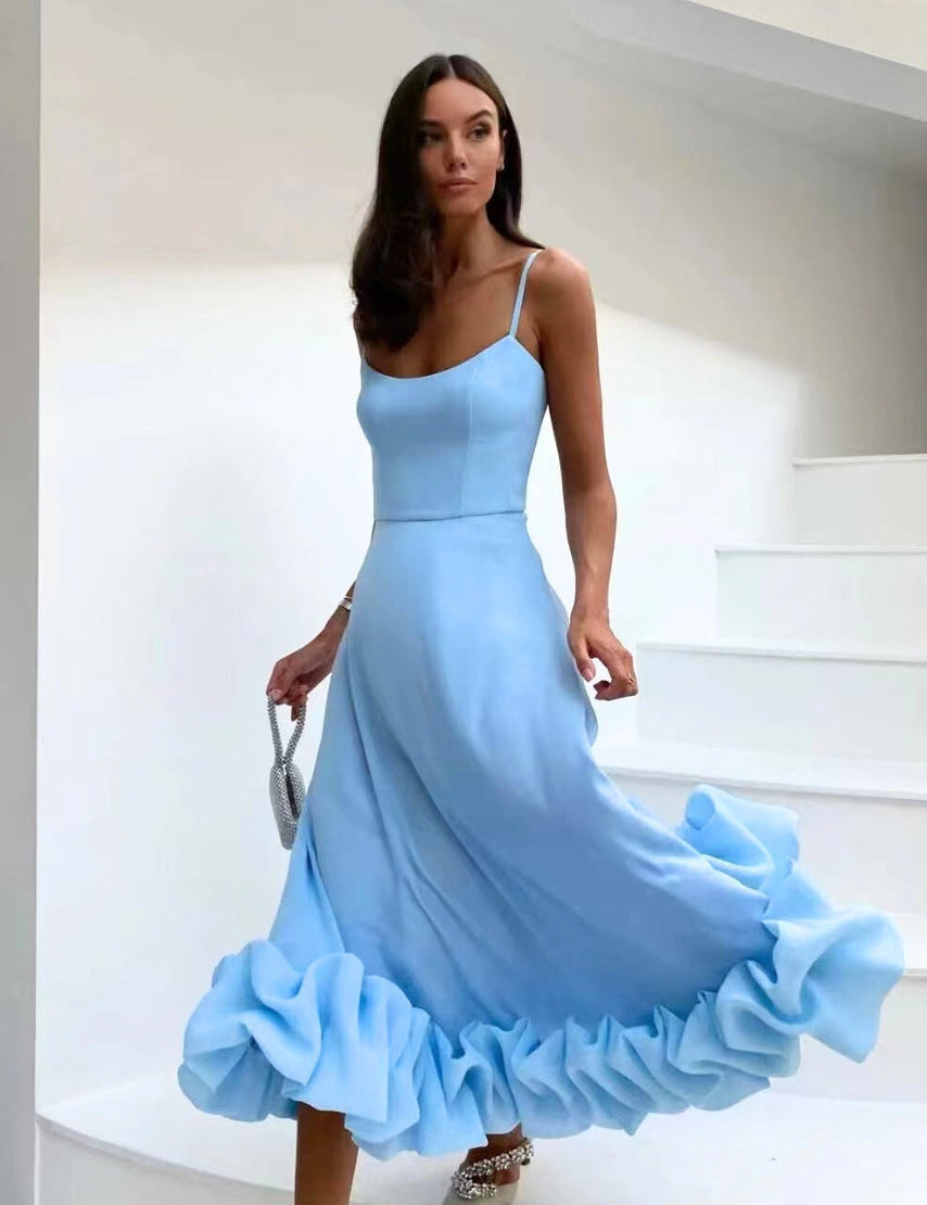 Women's Spaghetti Strap Maxi Dress with Flared Skirt and Ruffle Hem