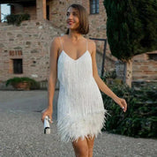 Women’s Spaghetti Strap Mini Dress With Fringe Detail And Feather Hem