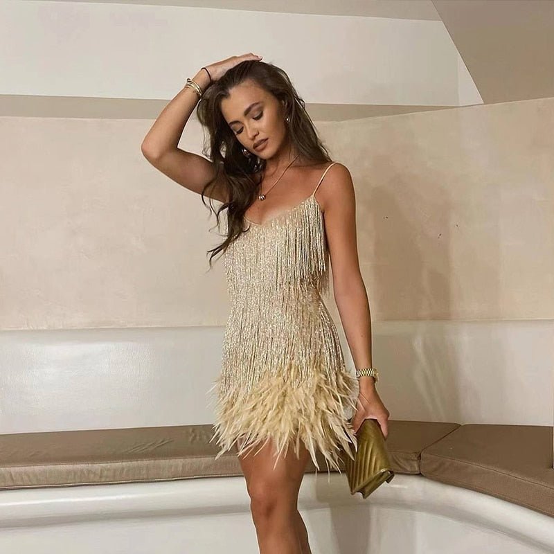 Women’s Spaghetti Strap Mini Dress With Fringe Detail And Feather Hem