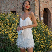 Women’s Spaghetti Strap Mini Dress With Fringe Detail And Feather Hem
