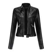 Women's Leather Jacket with Zip Closure High Collar and Belt