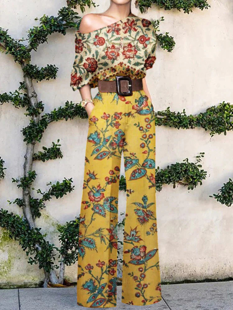 Women's One Shoulder Wide Leg Jumpsuit with Artistic Print Design
