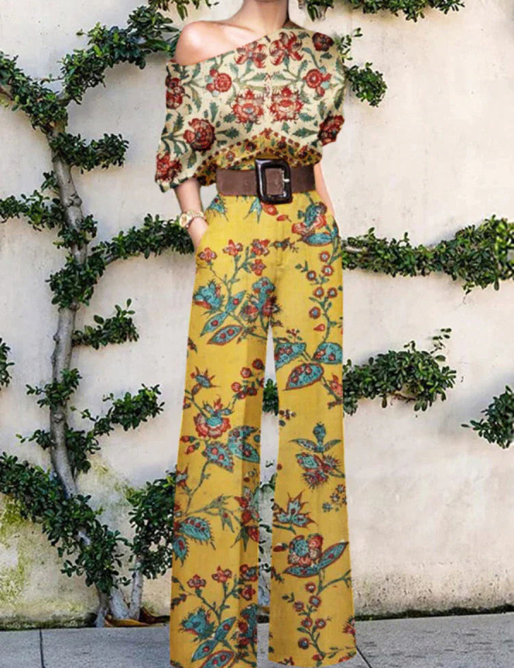 Women's One Shoulder Wide Leg Jumpsuit with Artistic Print Design