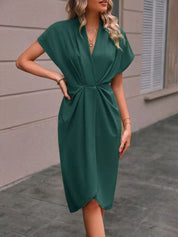 Women’s Short-Sleeve Midi Dress With Draped Front And Side Slit