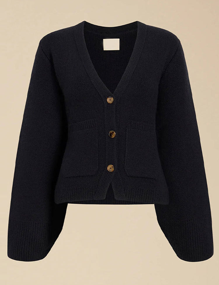 Women's V-Neck Button Cardigan with Ribbed Hem and Patch Pockets