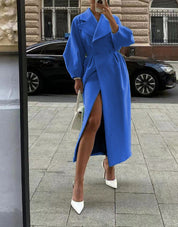 Women's Long Double Breasted Winter Coat with Lapel Collar Design