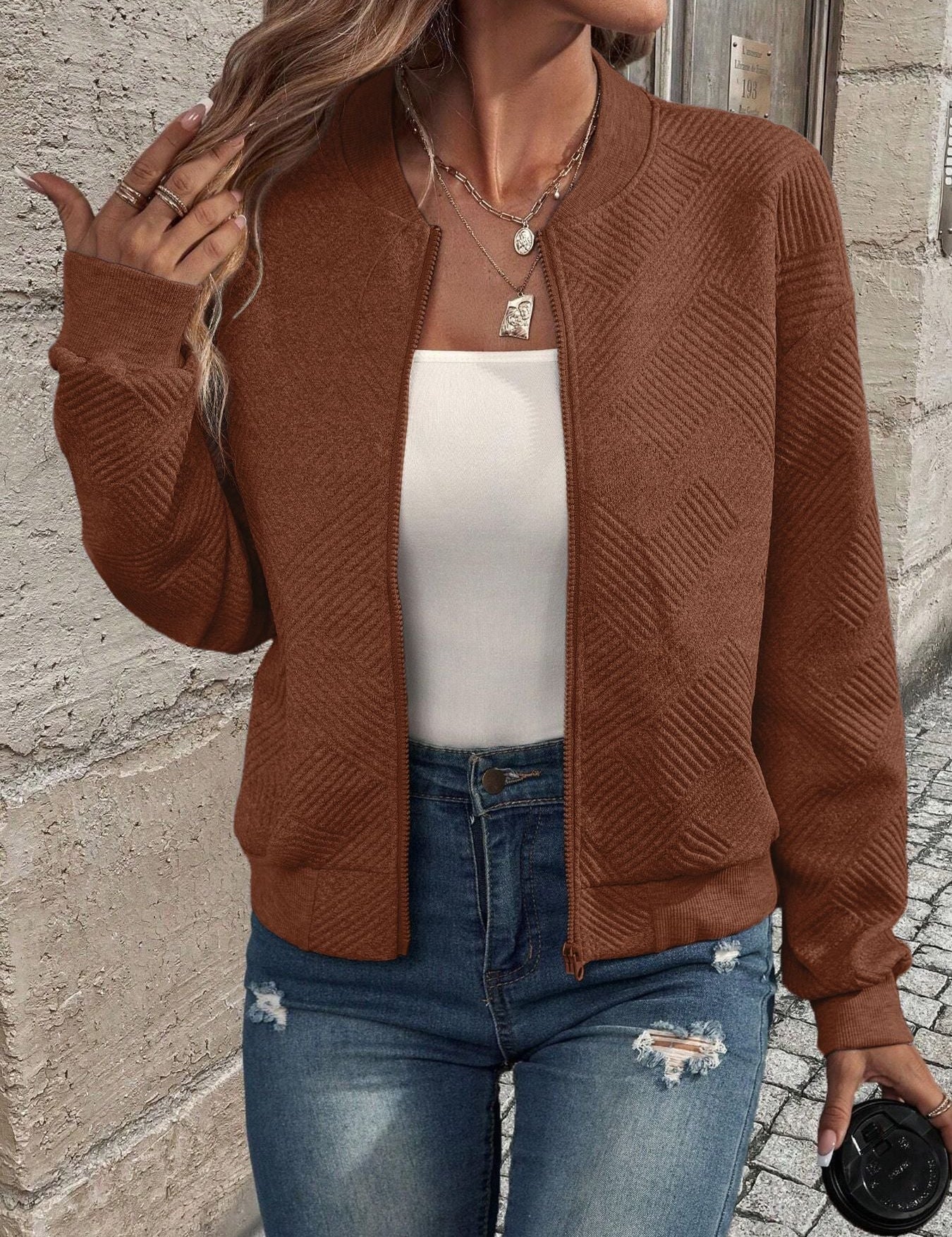 Women’s Zip-Up Textured Cardigan with Ribbed Hem and Long Sleeves