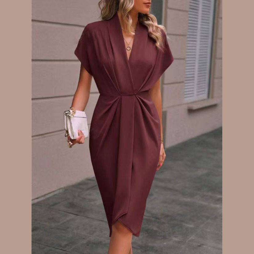 Women’s Short-Sleeve Midi Dress With Draped Front And Side Slit
