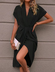Women’s Short-Sleeve Midi Dress With Draped Front And Side Slit