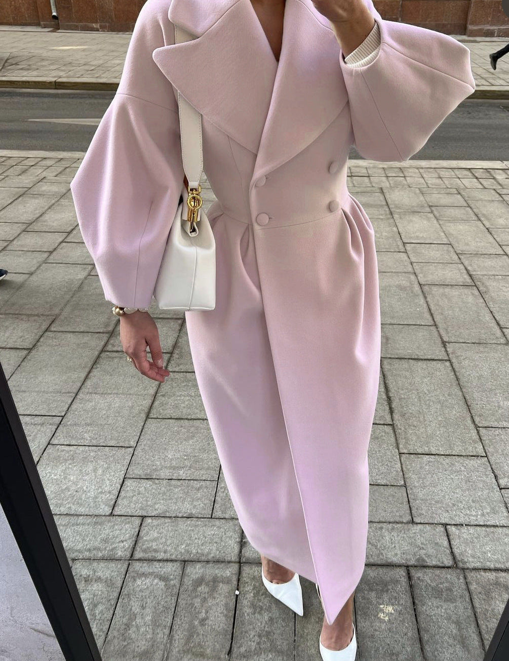 Women's Long Double Breasted Winter Coat with Lapel Collar Design