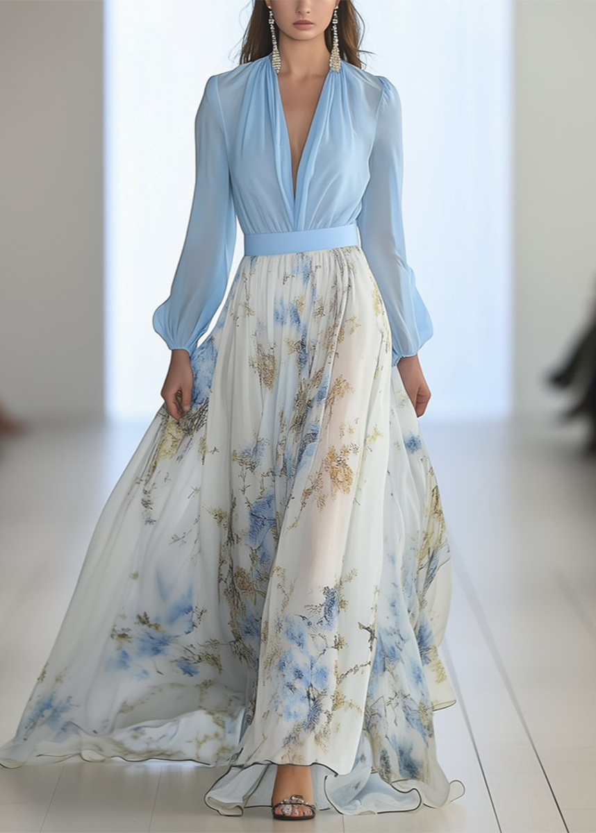 Women’s Long-Sleeve Maxi Dress With Deep V-Neck And Printed Skirt